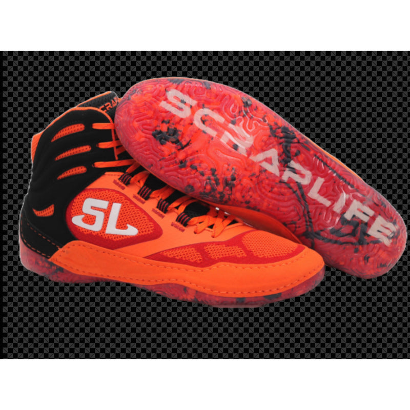 Orange and black sports shoes with 'SL' branding on a clear background