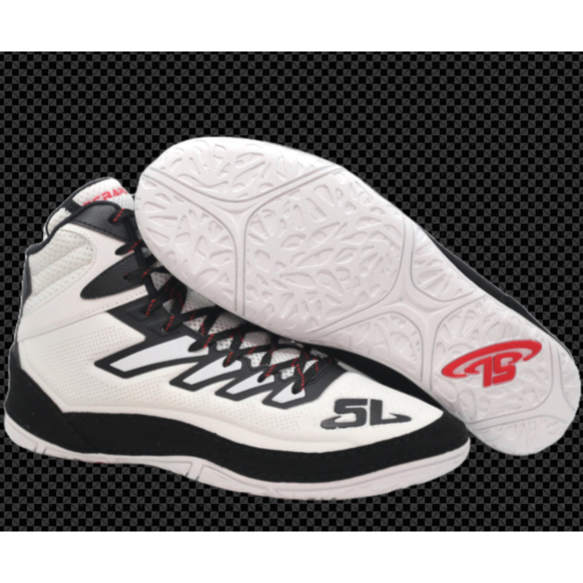 White and black athletic shoes with red accents on a clear background