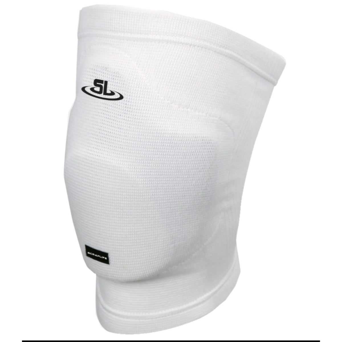 White knee pad with a brand logo on a white background