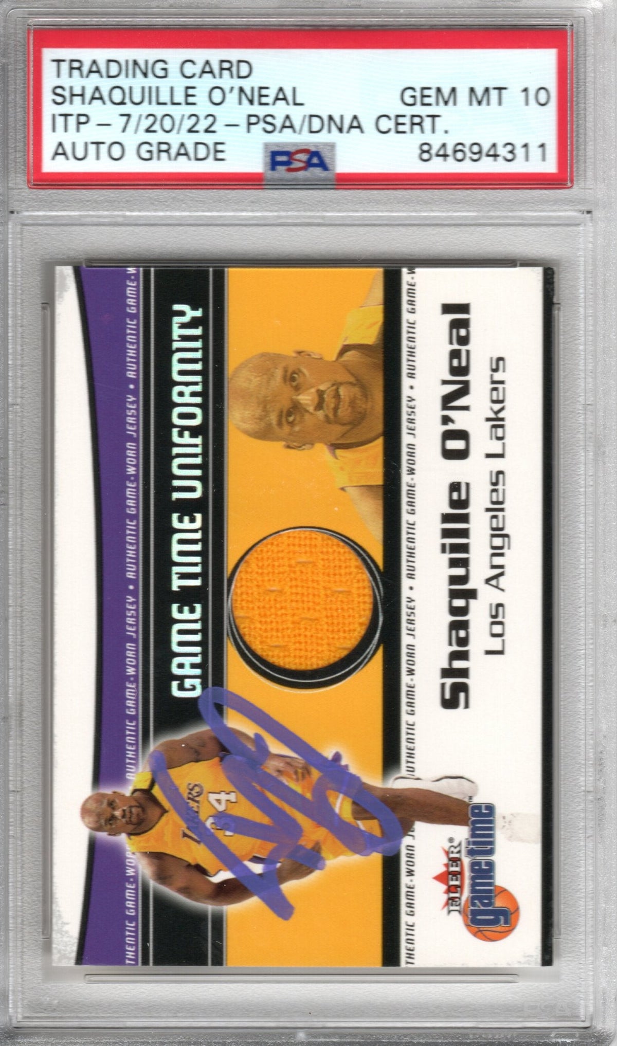 Shaquille O'Neal Autographed Lakers Encapsulated 2000 Fleer Game Worn Jersey Trading Card PSA AUTO GRADE GEM MINT 10