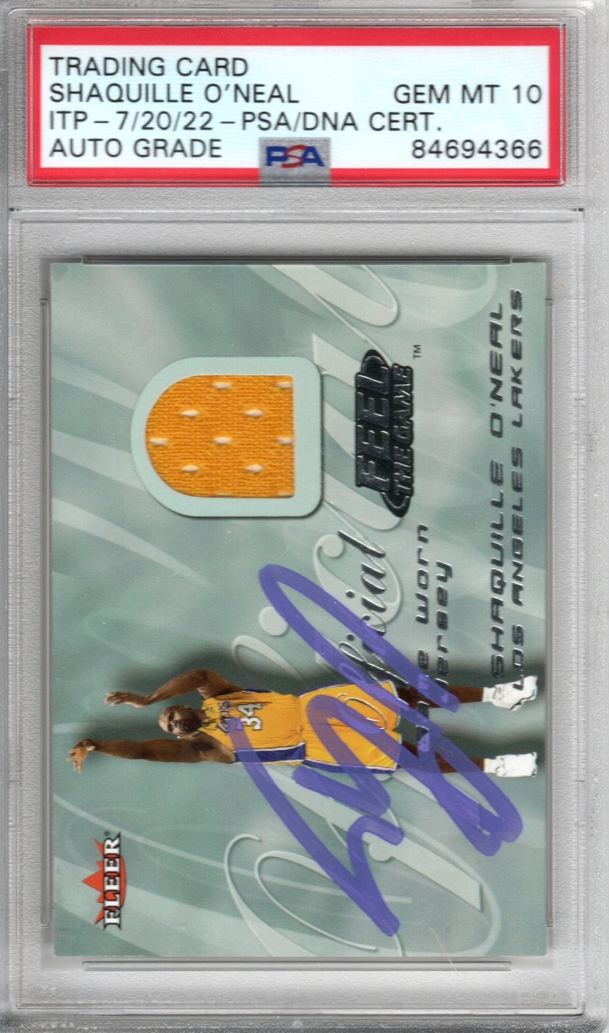 Shaquille O'Neal Autographed Lakers Encapsulated 2000 Fleer Game Worn Jersey Trading Card PSA ITP GEM MT 10