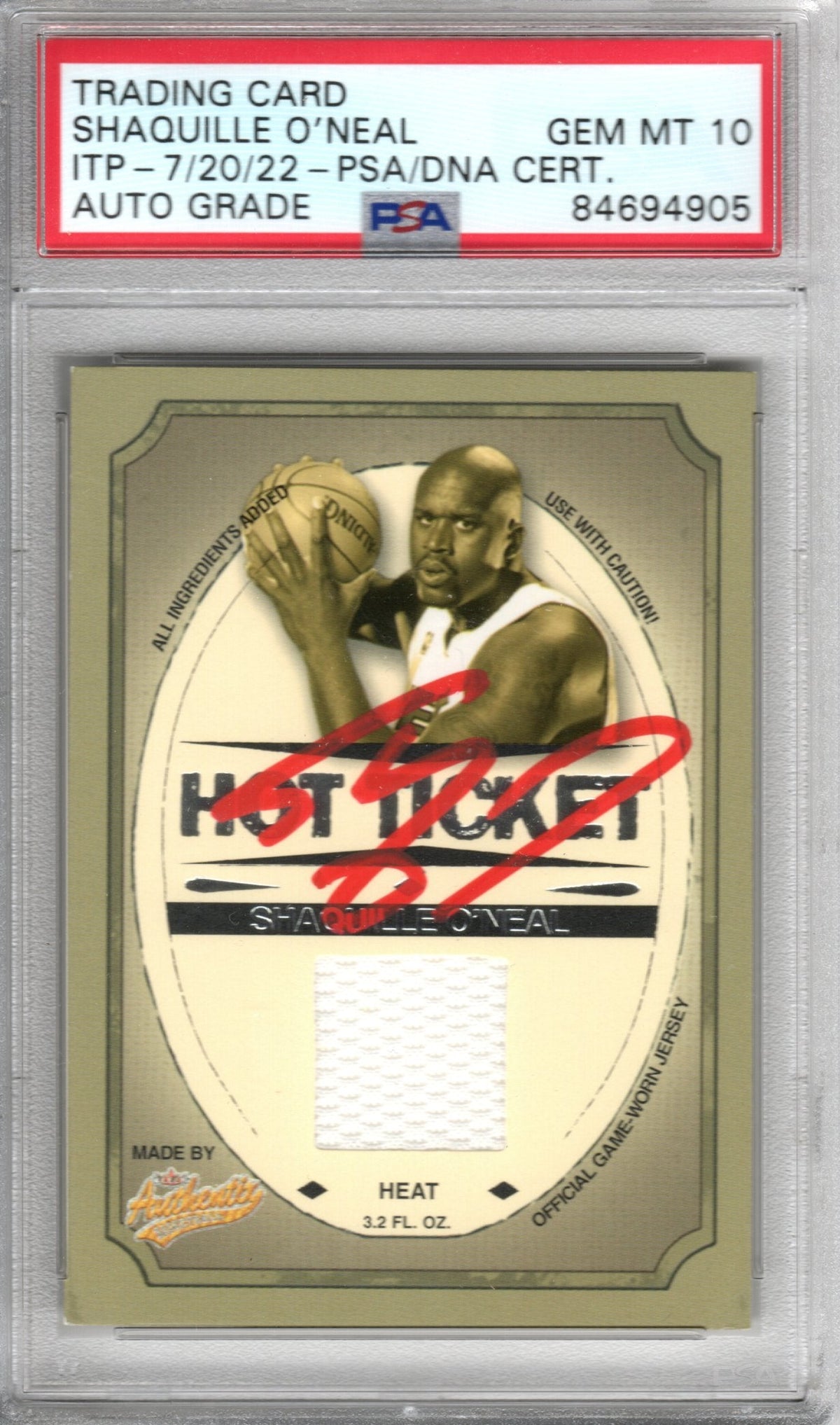 Shaquille O'Neal Autographed Miami Heat Encapsulated 2004 Fleer Hot Ticket 415/450 Game Worn Jersey Trading Card PSA AUTO GRADE GEM MINT 10