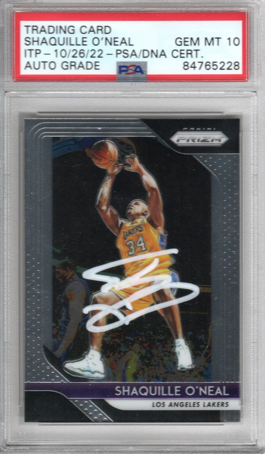 Shaquille O'Neal Autographed Los Angeles Lakers Encapsulated 2018-19 Panini Prizm No. 35 Trading Card PSA ITP AUTO GRADE GEM MT. 10