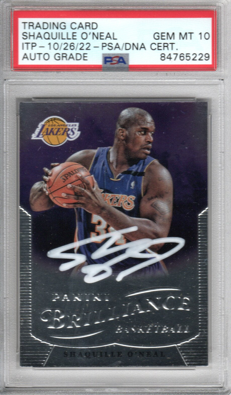Shaquille O'Neal Autographed Los Angeles Lakers Encapsulated 2012-13 Panini Brilliance No. 229 Trading Card PSA ITP GEM MT. 10
