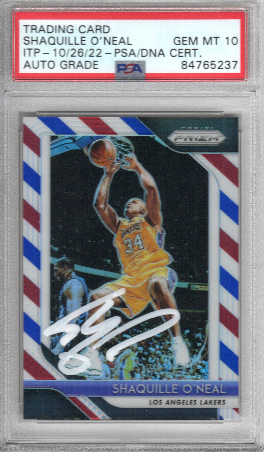 Shaquille O'Neal Autographed Los Angeles Lakers Encapsulated 2018-19 Panini Prizm #35 Trading Card PSA ITP GEM MT. 10