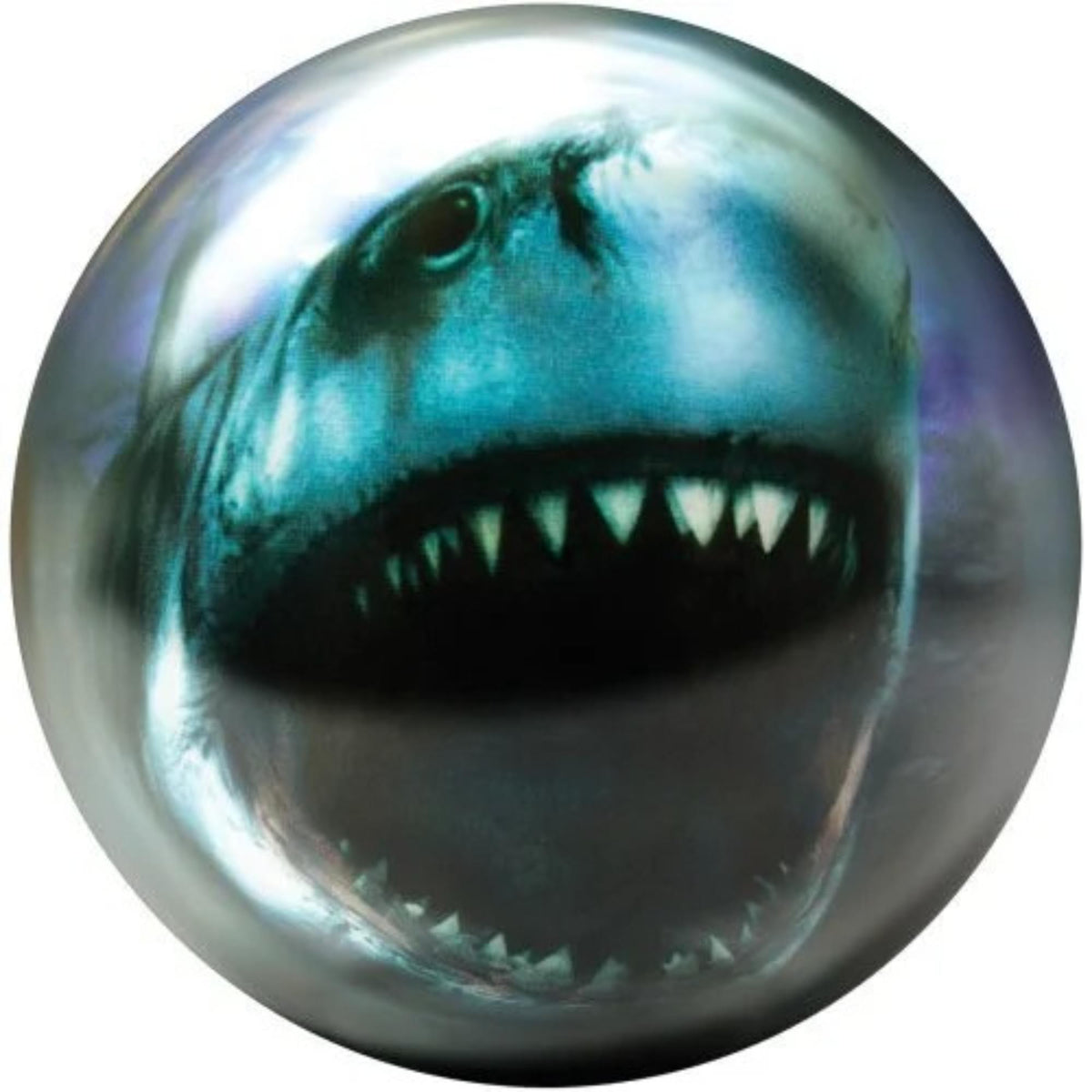 Bowling ball featuring a large shark graphic with an open mouth and sharp teeth, creating a bold and aggressive design.