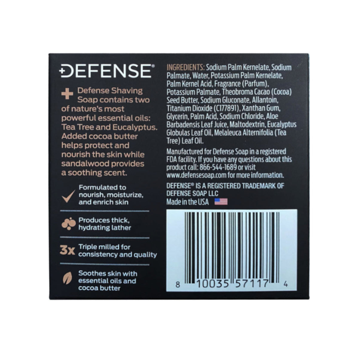 Back label of Defense Shaving Soap with ingredients and product details.