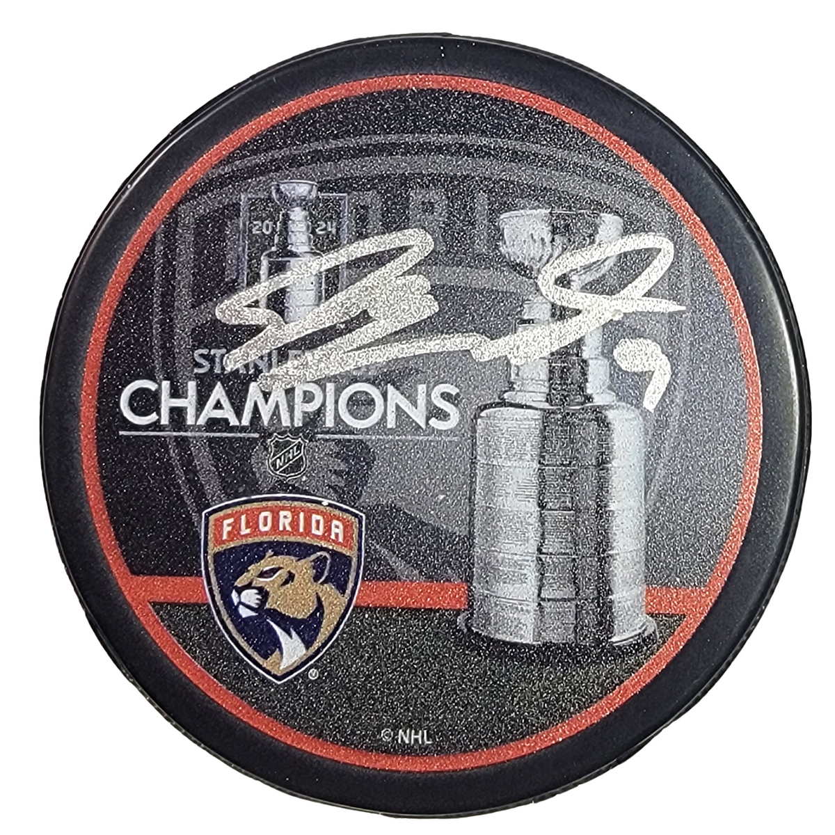 Sam Bennett Autographed Florida Panthers 2024 Stanley Cup Champions Hockey Puck Beckett Witnessed