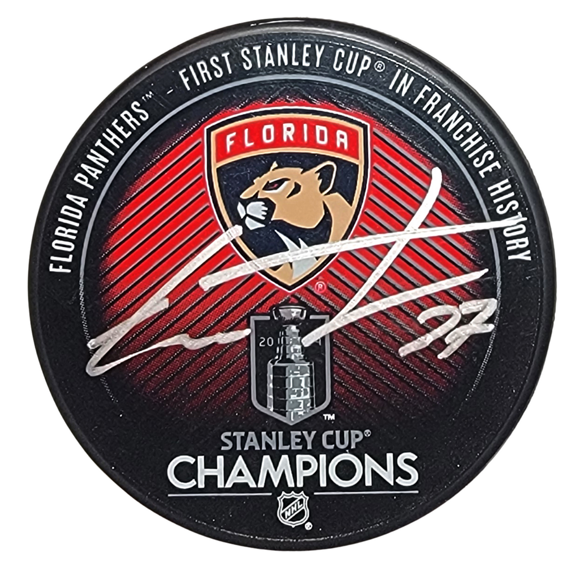 Eetu Luostarinen Autographed Florida Panthers 2024 Stanley Cup Champions Hockey Puck Beckett