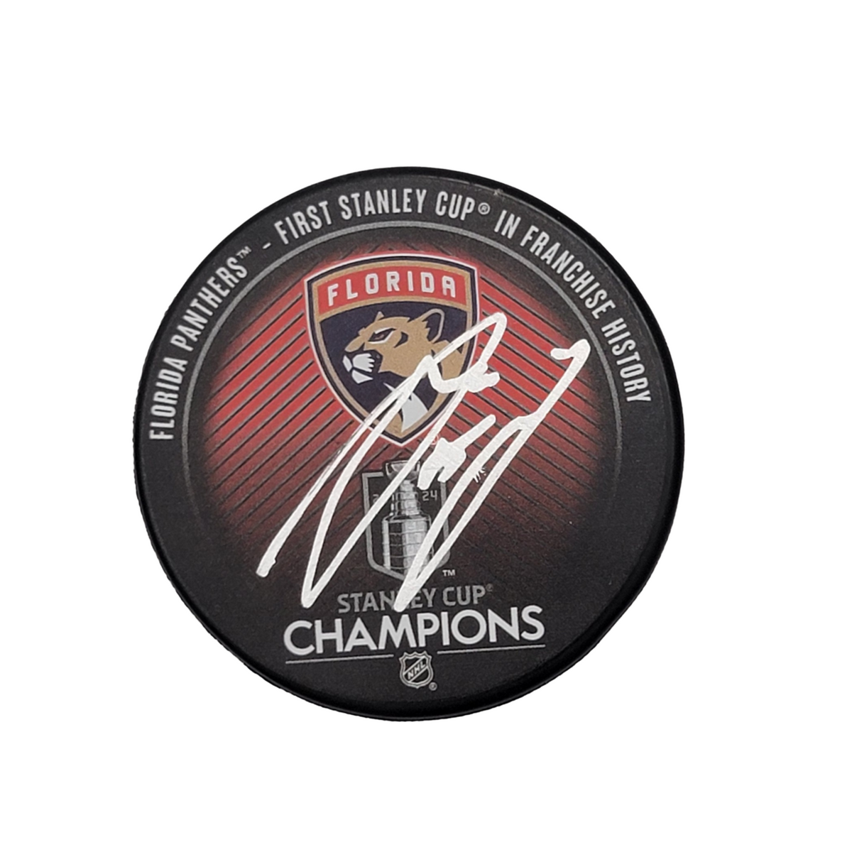 Anton Lundell Autographed Florida Panthers 2024 Stanley Cup Champions Hockey Puck Beckett