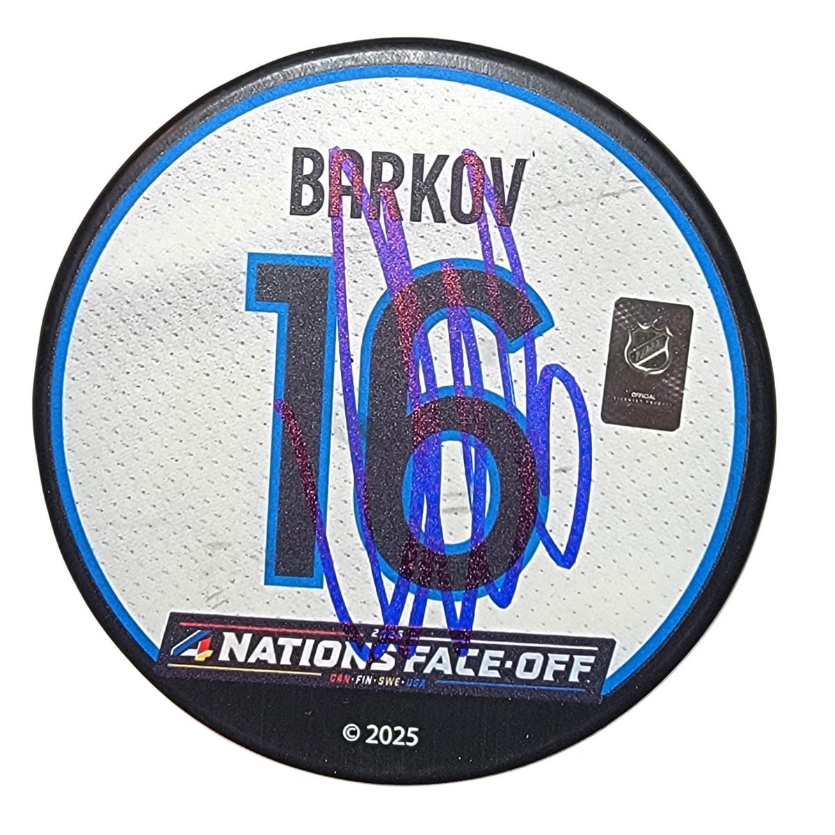 Aleksander Barkov Autographed Finland 2025 4 Nations Face Off Hockey Puck Beckett