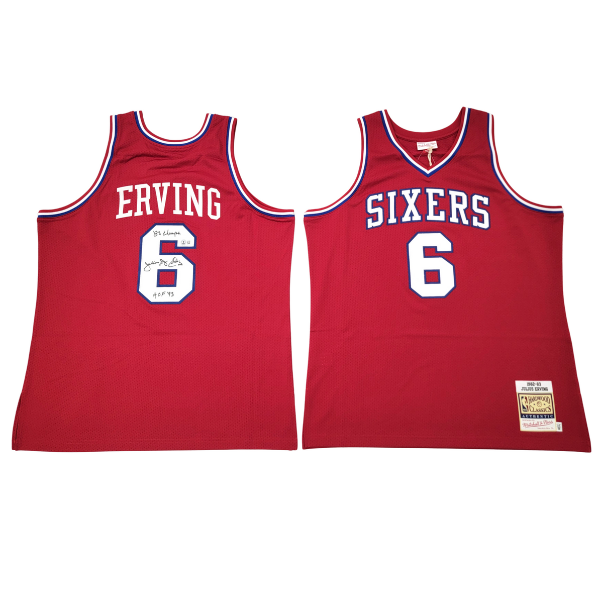 Julius Erving Autographed Philadelphia 76ers Mitchell & Ness Authentic Red Jersey W/HOF 93 & 83 Champs Beckett Witnessed