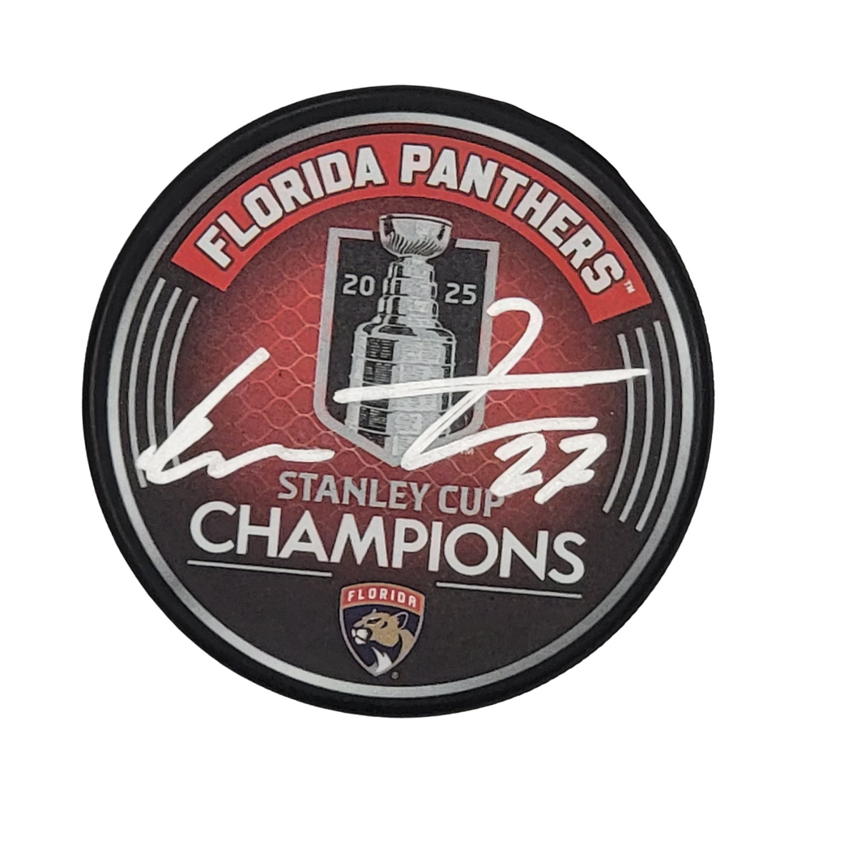 Eetu Luostarinen Autographed Florida Panthers 2025 Stanley Cup Champions Hockey Puck JSA