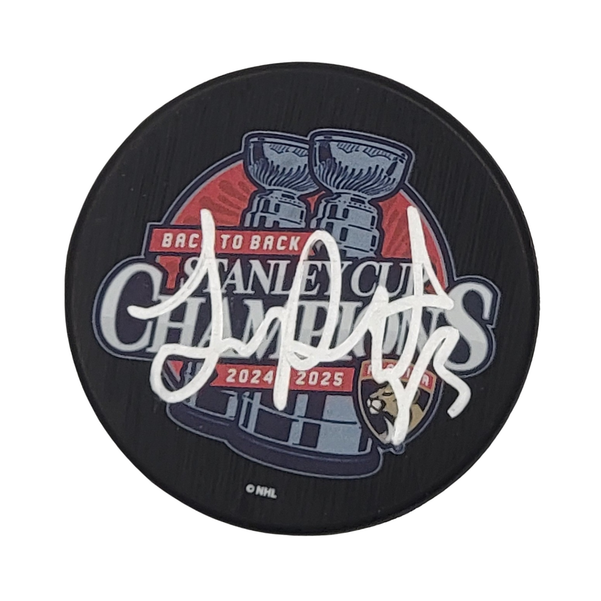 Sam Reinhart Autographed Florida Panthers 2025 Back To Back Stanley Cup Champions Hockey Puck Beckett