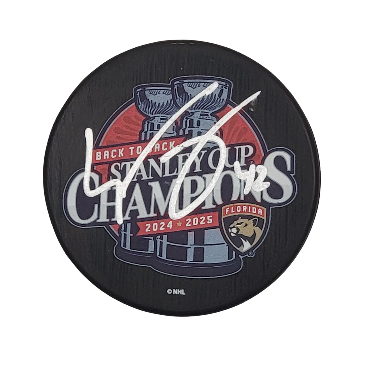 Gustav Forsling Autographed Florida Panthers 2025 Back To Back Stanley Cup Champions Hockey Puck Beckett