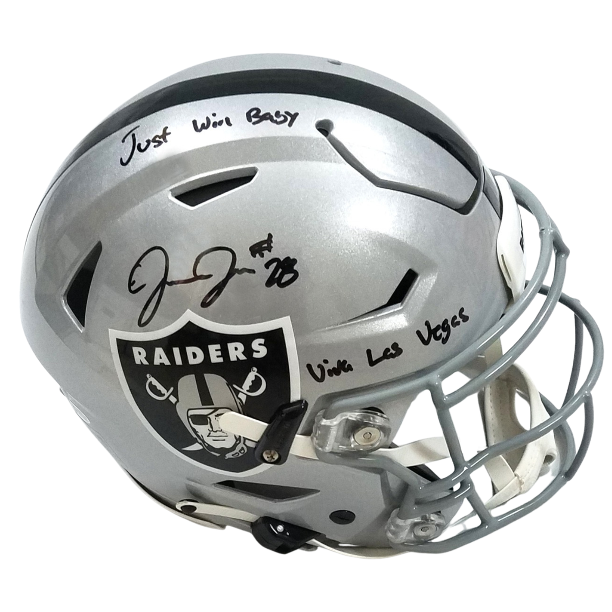 Josh Jacobs Autographed Las Vegas Raiders Riddell Speed Flex Helmet W/ Just Win Baby and Viva Las Vegas Beckett Witnessed