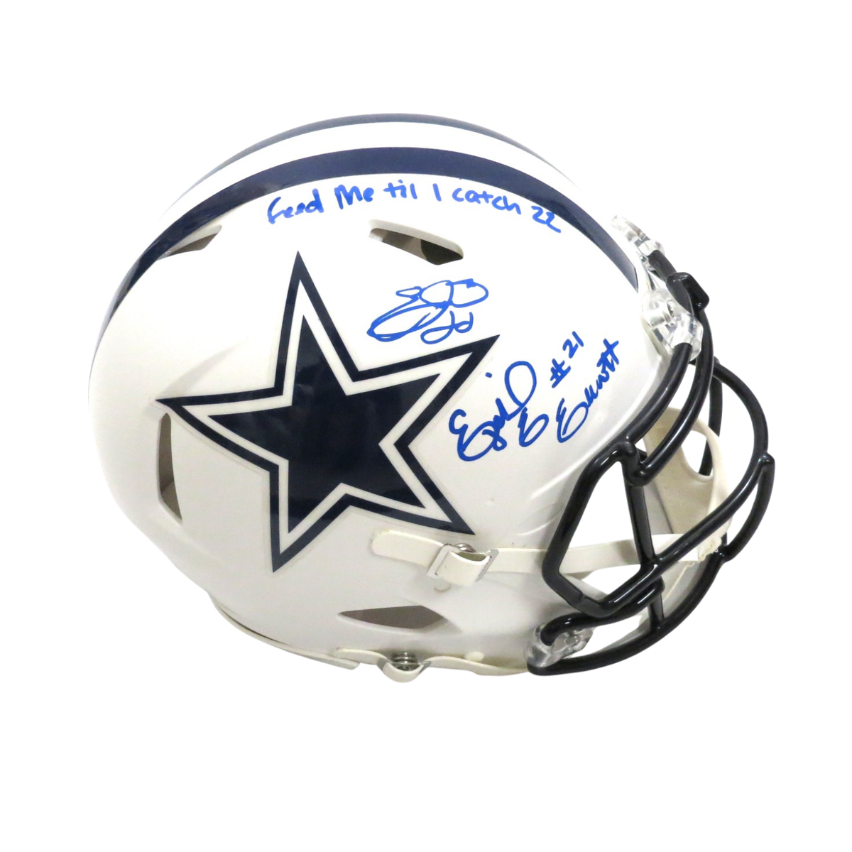 Emmitt Smith and Ezekiel Elliott Autographed Dallas Cowboys Riddell Flat Matte White Speed Authentic Helmet W/ Feed Me Till I catch 22 Beckett Witness