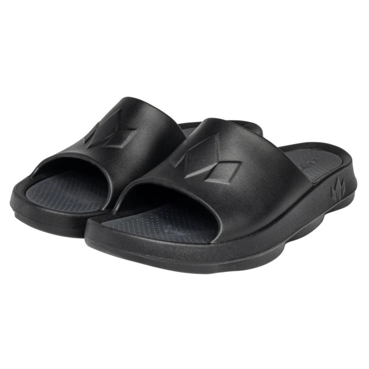Slip-on recovery slide sandals with cushioned foam construction and open-toe design for comfort and post-activity wear.