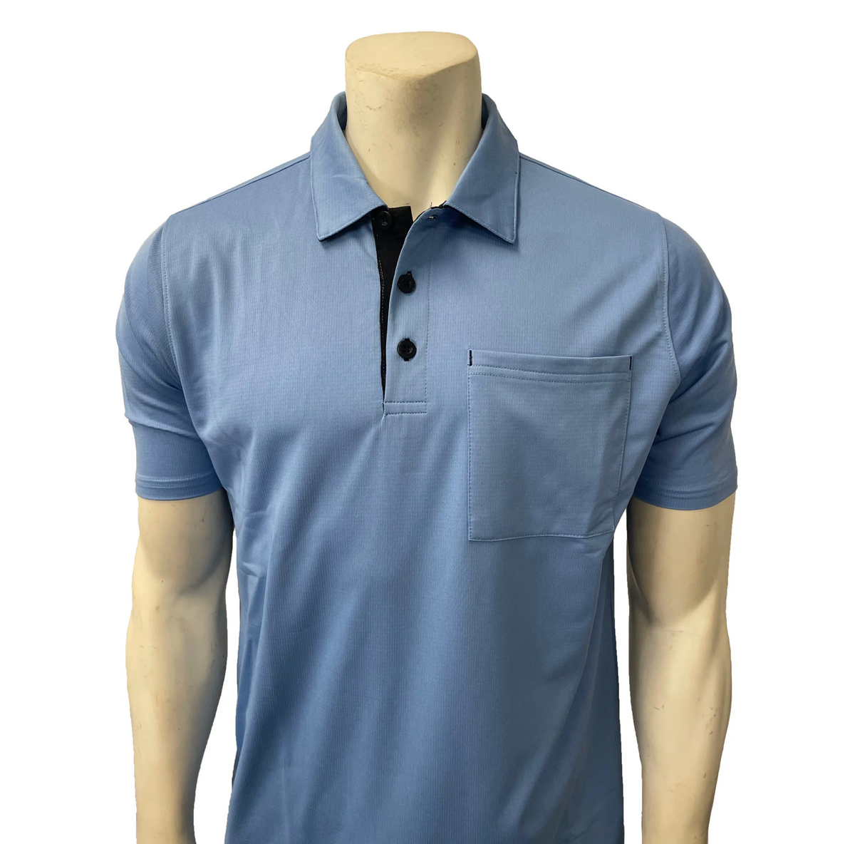A short-sleeved baseball shirt in blue with a polo-style collar, displayed on a mannequin torso.