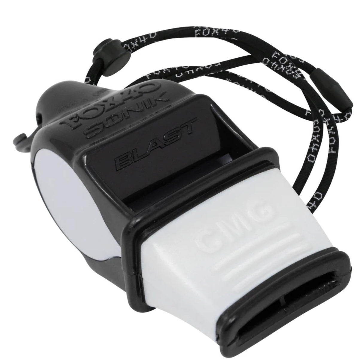Compact safety whistle with cushioned mouth grip and attached breakaway lanyard for secure and convenient use.