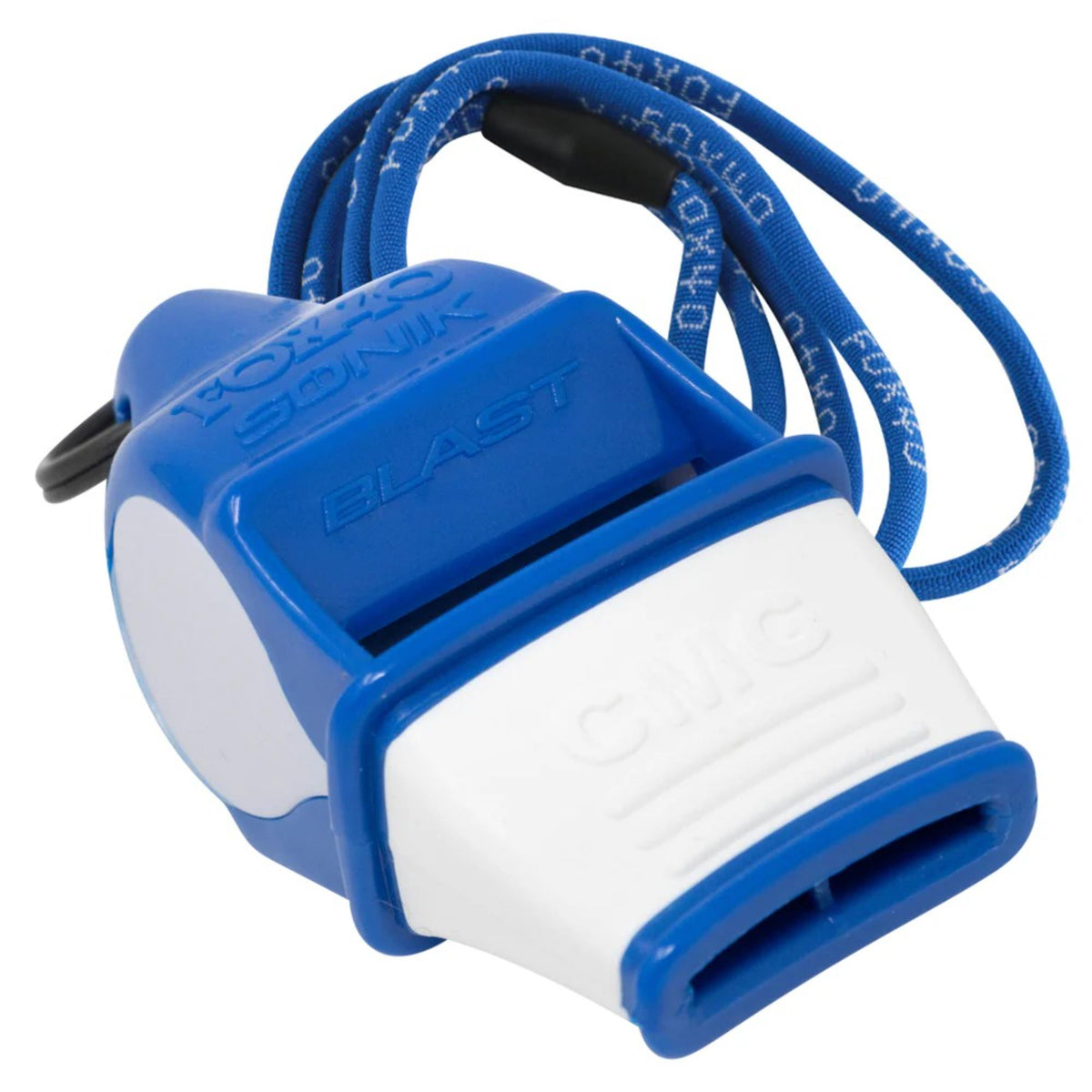 Compact safety whistle with cushioned mouth grip and attached breakaway lanyard for secure and convenient use.