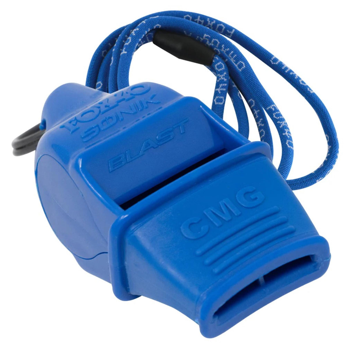 Compact safety whistle with cushioned mouth grip and attached breakaway lanyard for secure and convenient use.