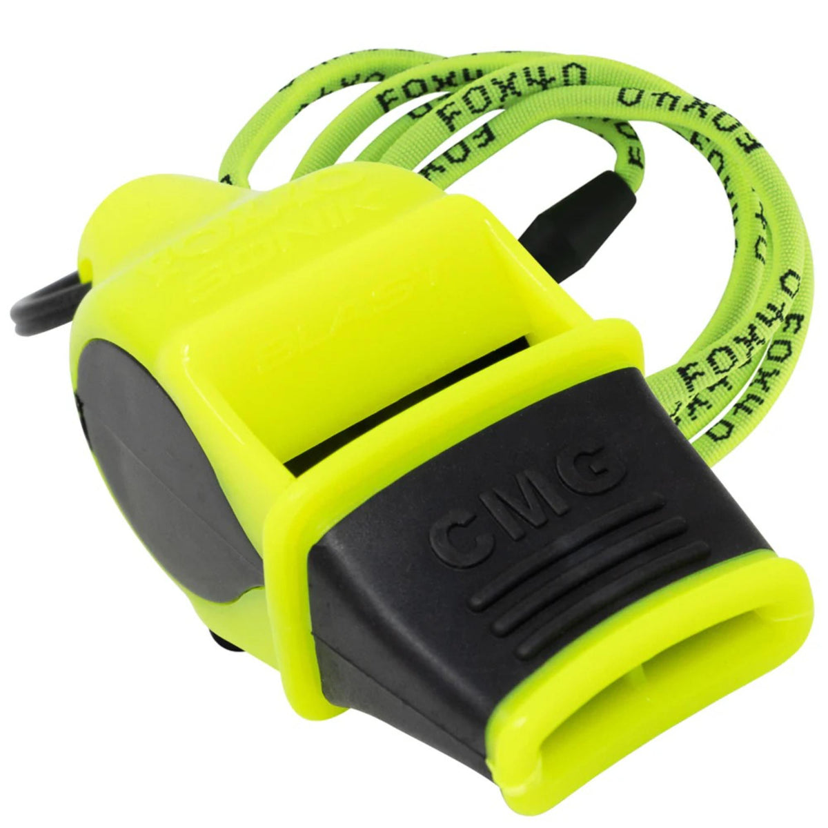 Compact safety whistle with cushioned mouth grip and attached breakaway lanyard for secure and convenient use.