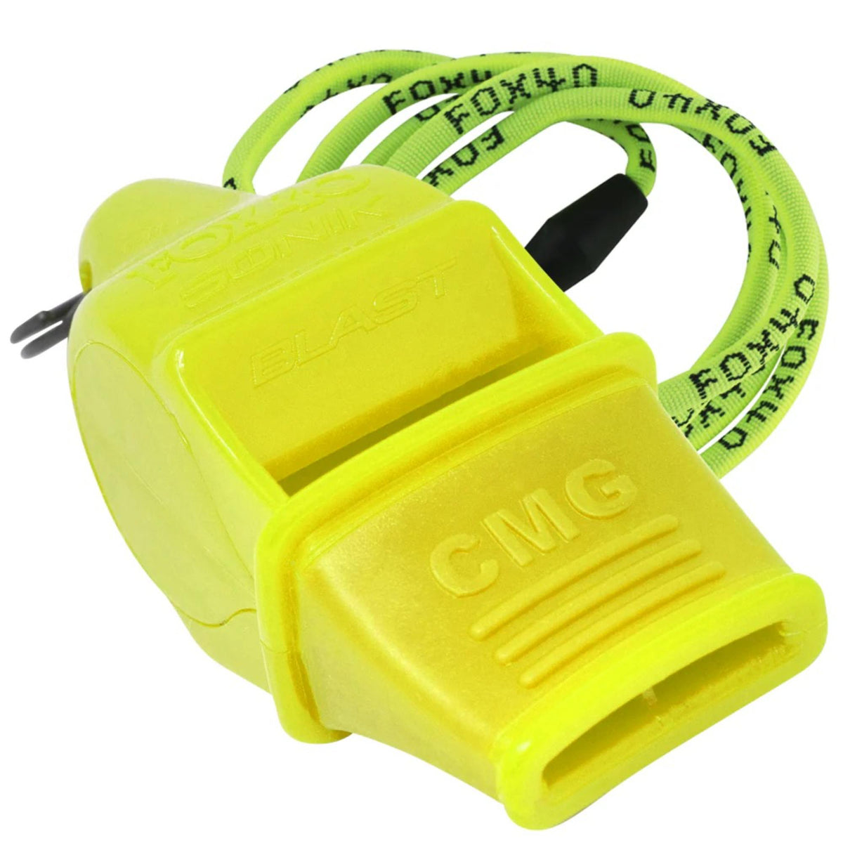 Compact safety whistle with cushioned mouth grip and attached breakaway lanyard for secure and convenient use.