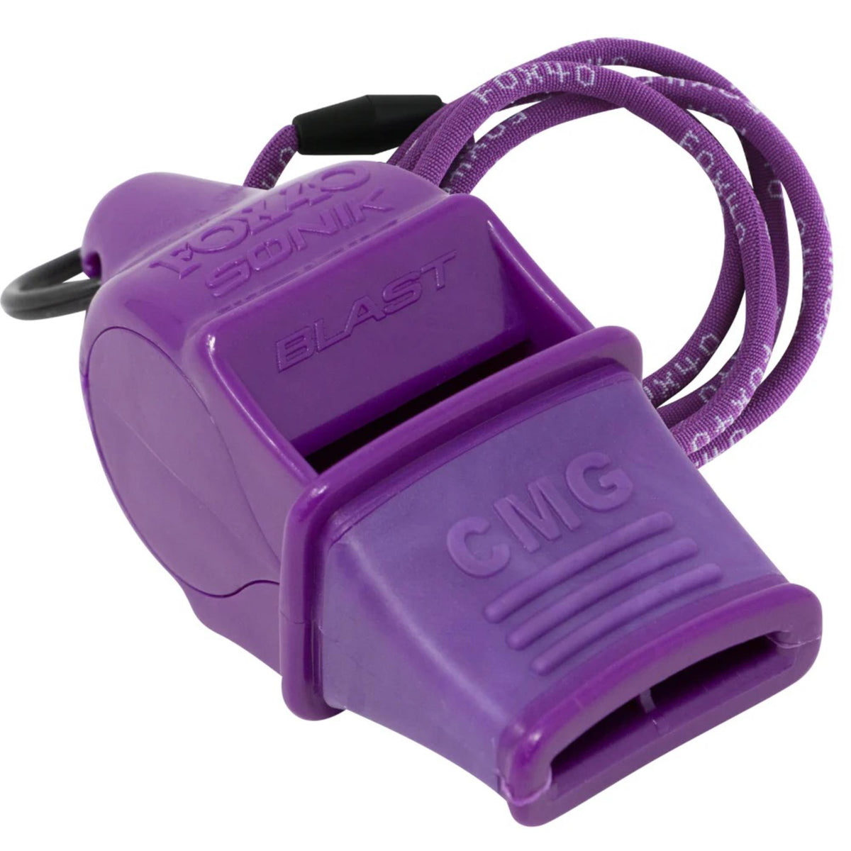 Compact safety whistle with cushioned mouth grip and attached breakaway lanyard for secure and convenient use.