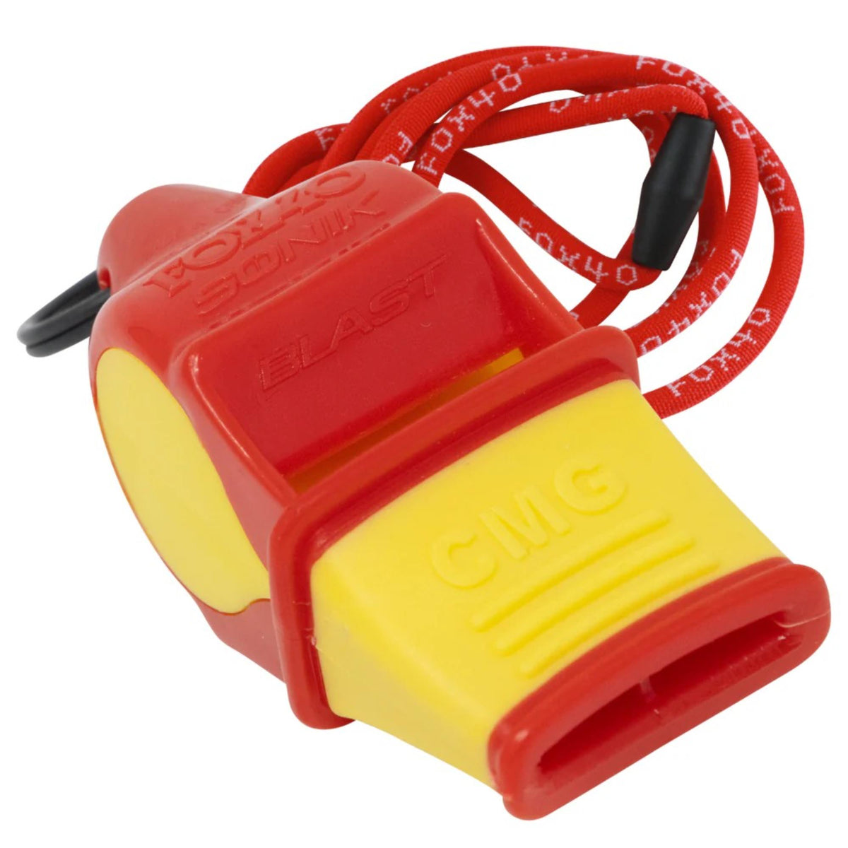 Compact safety whistle with cushioned mouth grip and attached breakaway lanyard for secure and convenient use.