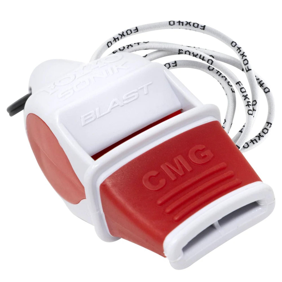 Compact safety whistle with cushioned mouth grip and attached breakaway lanyard for secure and convenient use.