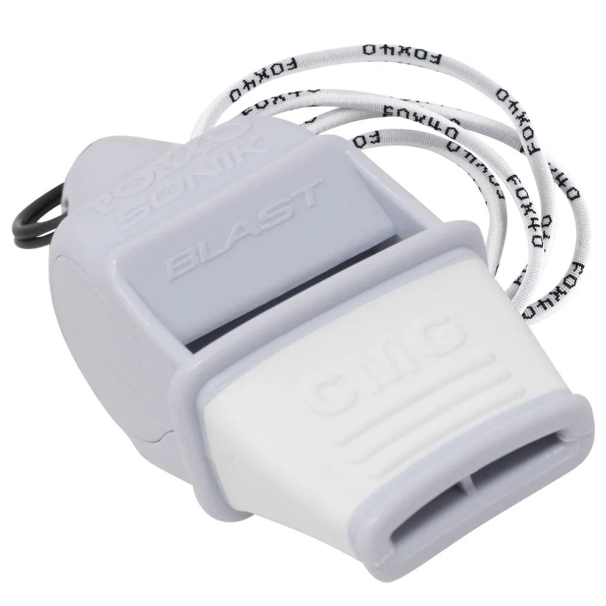 Compact safety whistle with cushioned mouth grip and attached breakaway lanyard for secure and convenient use.
