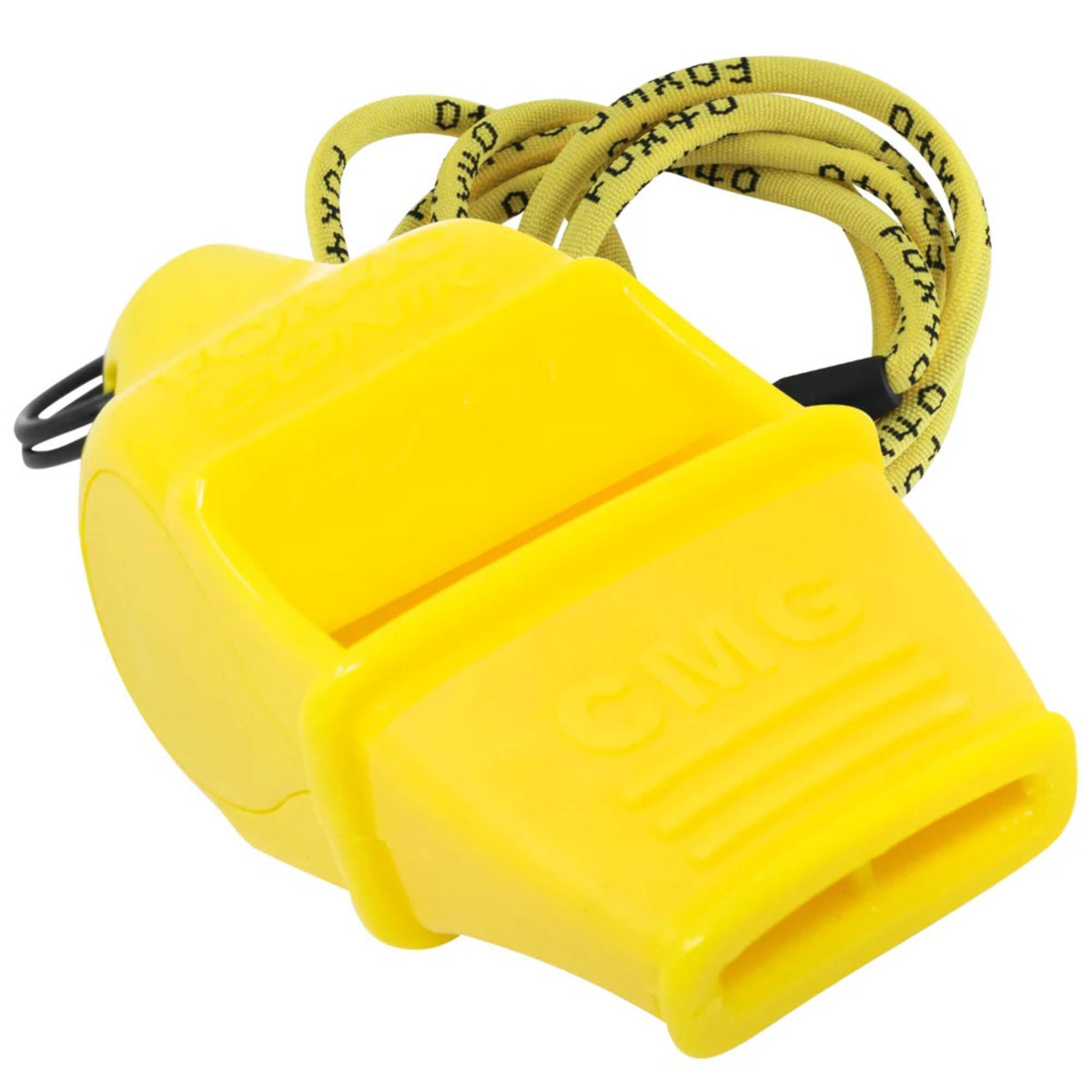 Compact safety whistle with cushioned mouth grip and attached breakaway lanyard for secure and convenient use.