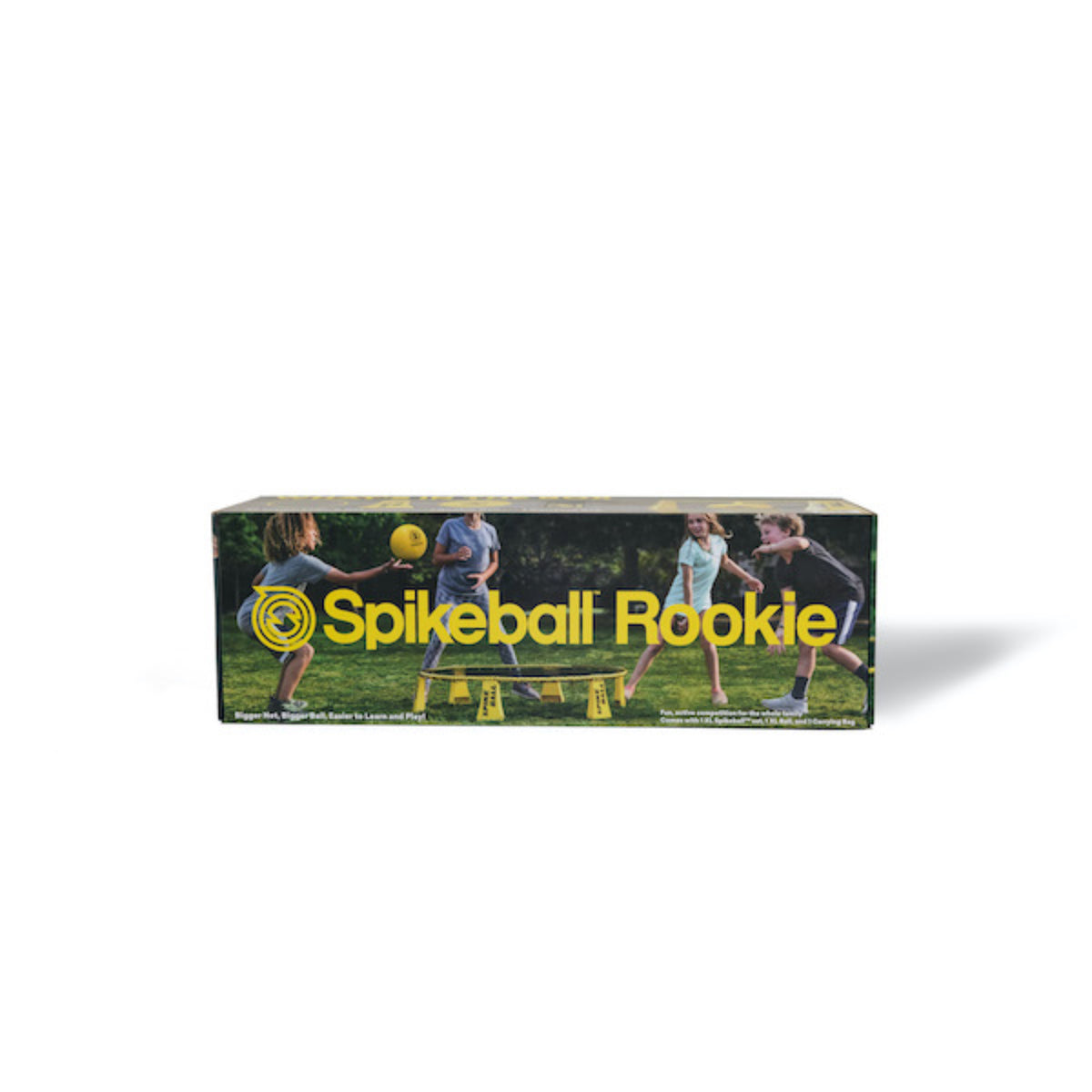 Box of Spikeball Rookie set with children playing spikeball on a white background