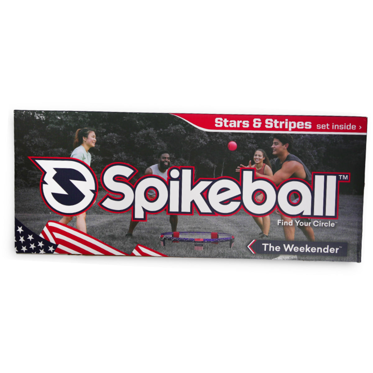 Spikeball packaging with people playing spikeball and an American flag design.