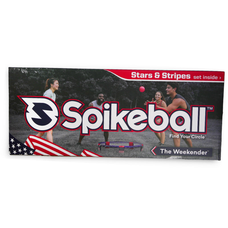 Spikeball packaging with people playing spikeball and an American flag design.