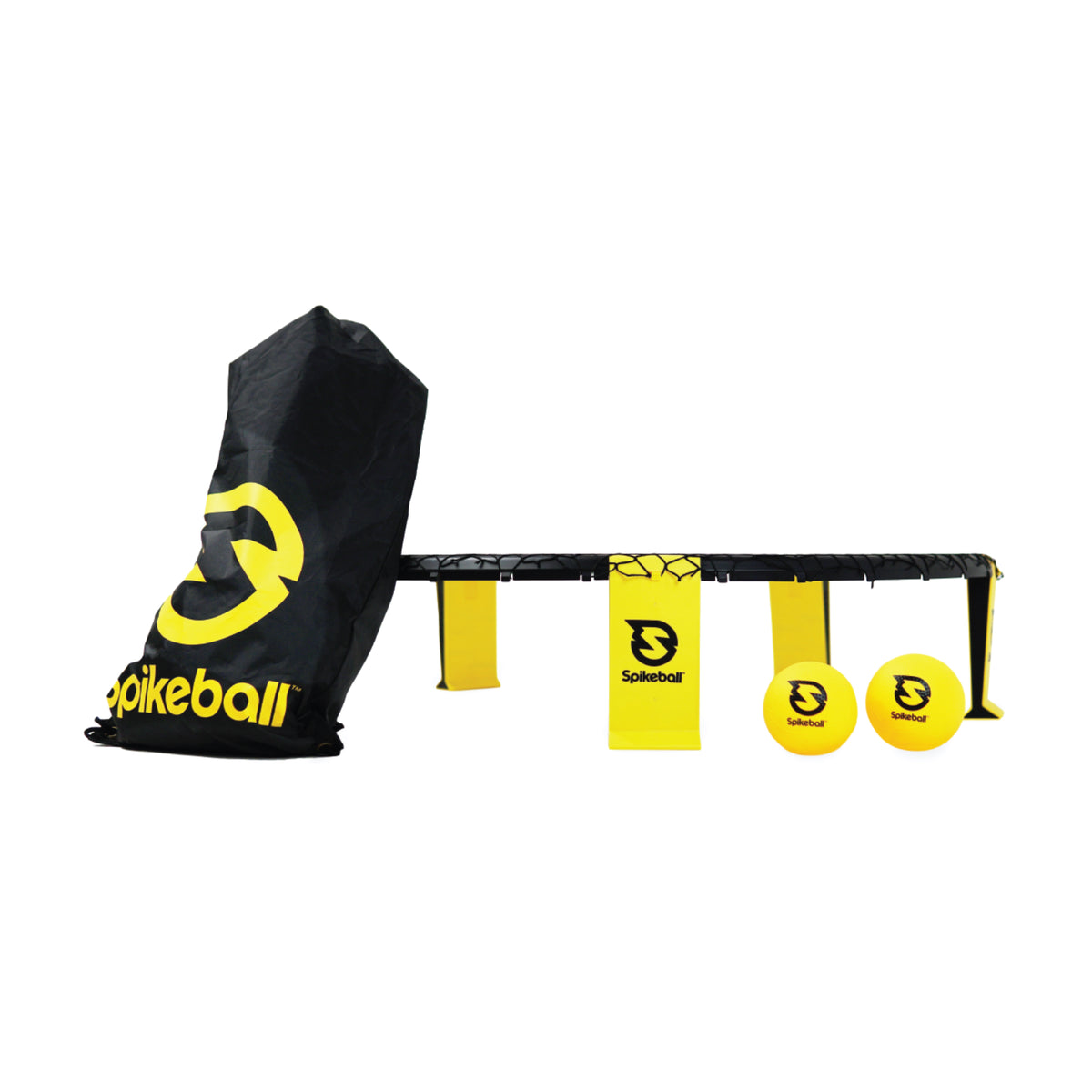 Spikeball set with black carrying case and yellow balls on a white background