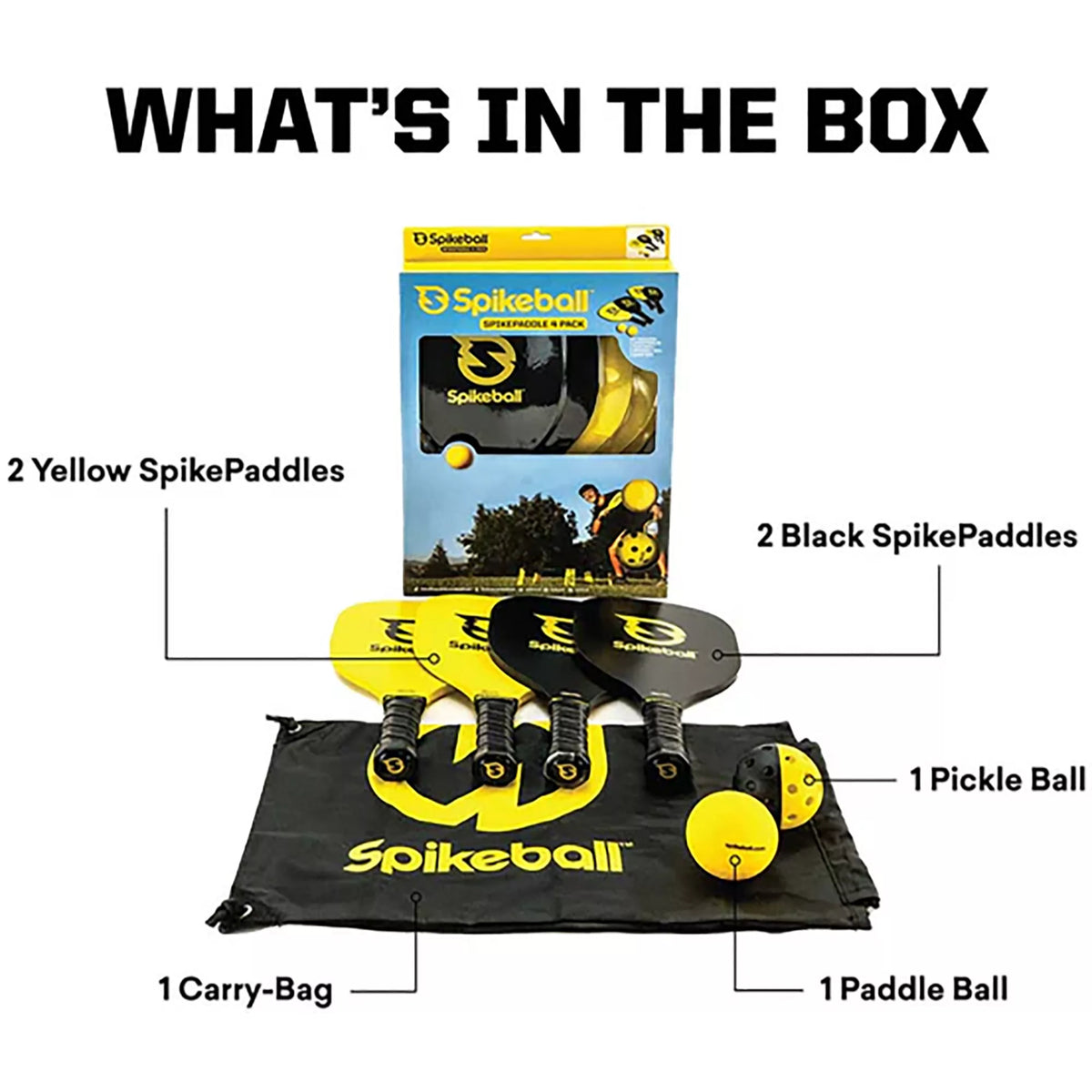 Spikeball set with yellow and black spikepaddles, a pickle ball, and a carry bag on a white background.