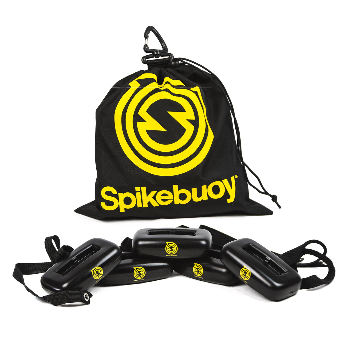 Black drawstring bag with yellow Spikebuoy logo and four black浮力块 on a white background