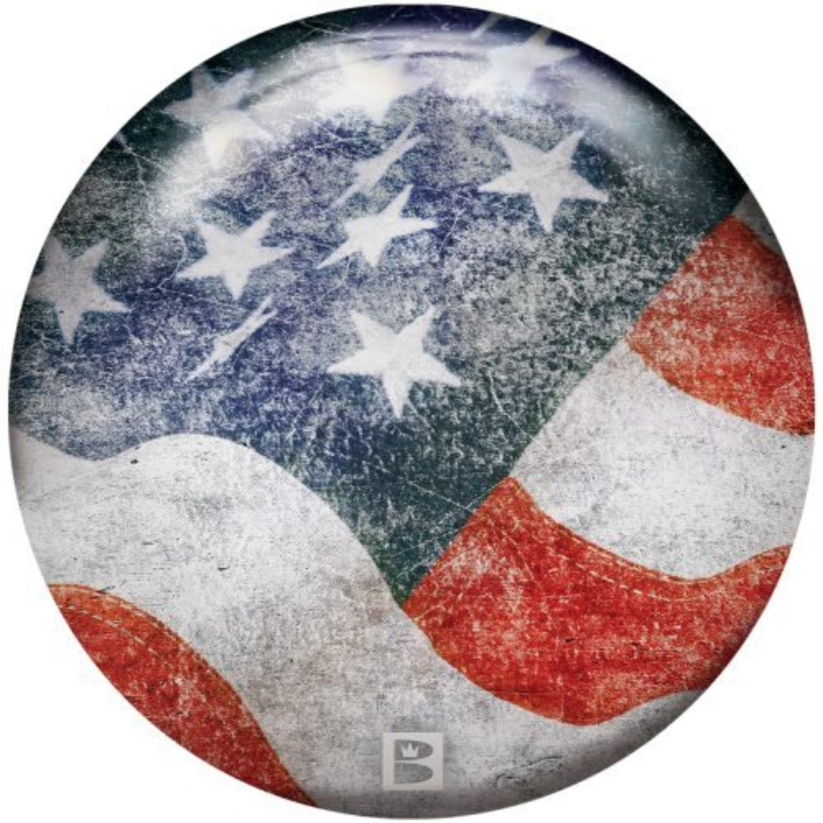 Bowling ball featuring a distressed American flag design with stars and flowing stripes across the surface.