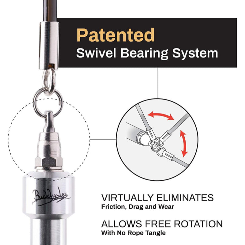 Fishing reel with patented swivel bearing system on a white background