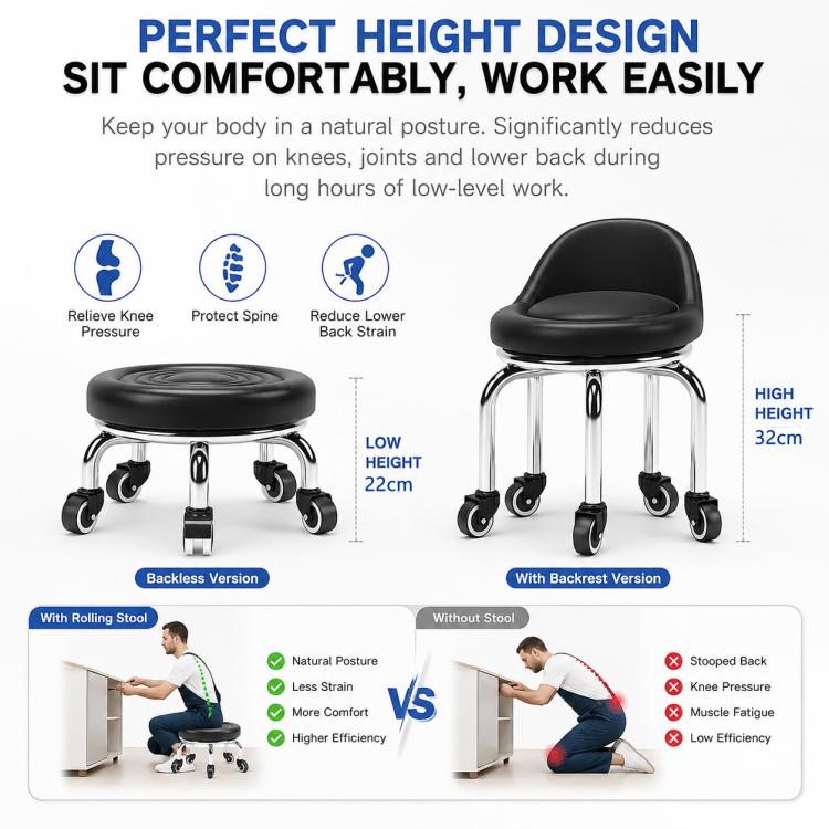 Low Rolling Stool with Wheels Small Swivel Roller Stool, 22cm Ripple Casters Black, 22cm Ripple Casters Red - View 18