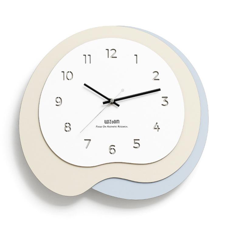 wozoom Modern Irregular Wall Clock Silent Decorative Wood Quartz Clocks For Living Room, Beige Blue With Second Hand