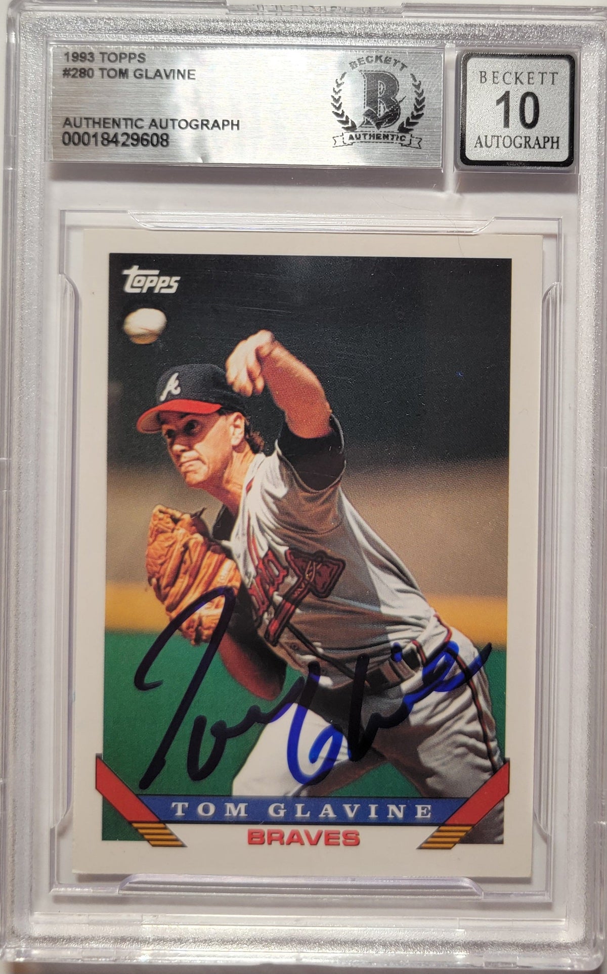 Tom Glavine Autographed Atlanta Braves 1993 Topps #280 Card Beckett Graded AUTO 10