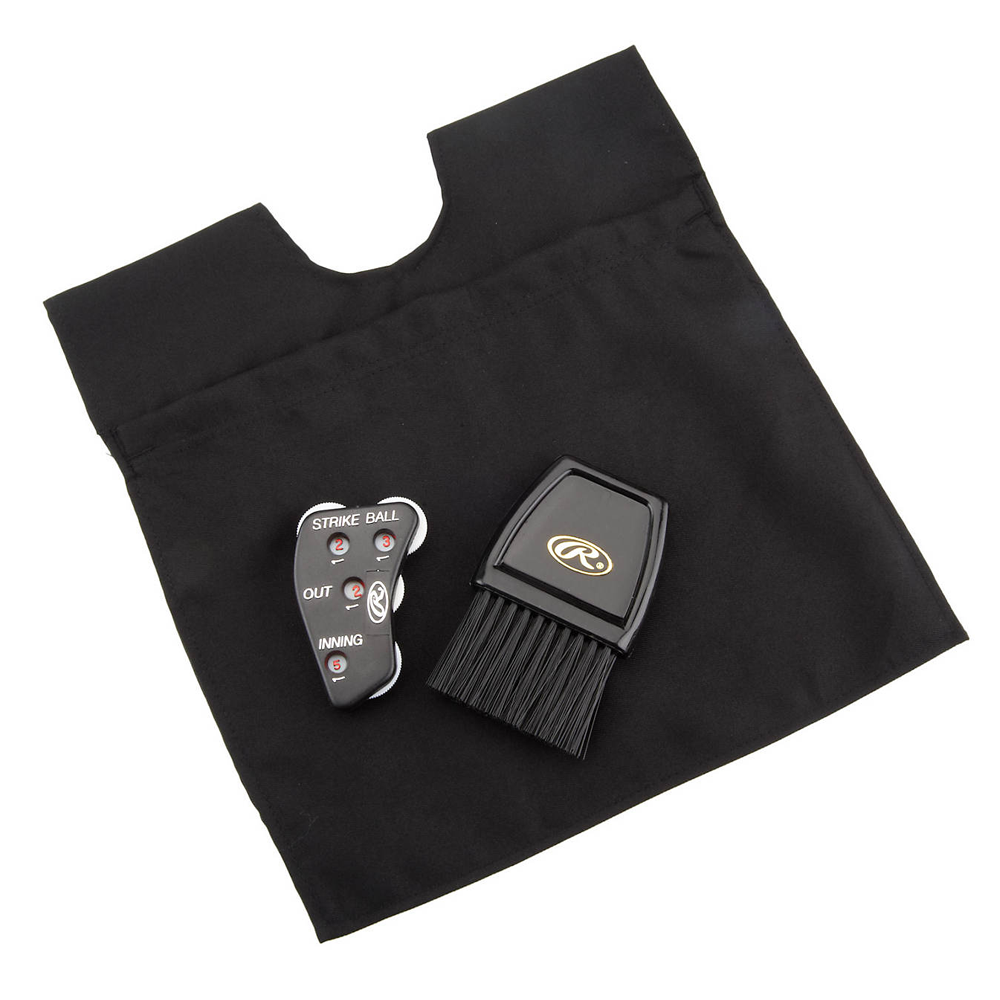 Rawlings umpire accessories set including a black ball bag, 4-dial umpire indicator, and plate brush, designed for tracking pitches and cleaning home plate during baseball and softball games. ⚾