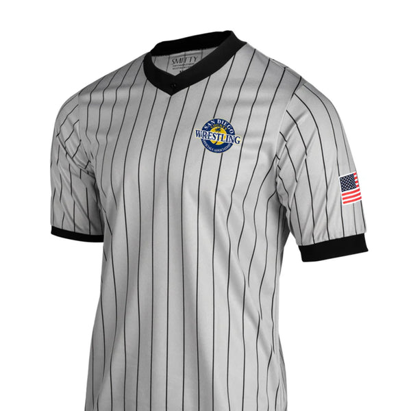 Smitty | SDWOA-205 | Mesh Fabric Referee Short Sleeve Wrestling/Basketball Grey Pin Stripe V-Neck Shirt With USA Flag