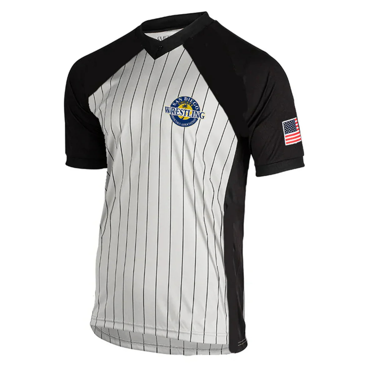 Smitty | SDWOA-207P | Mesh Fabric Referee Short Sleeve Wrestling/Basketball Grey Pin Stripe with Solid Black Shoulder V-Neck Shirt with USA Flag