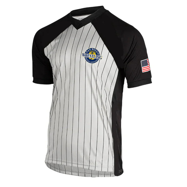 Smitty | SDWOA-207P | Mesh Fabric Referee Short Sleeve Wrestling/Basketball Grey Pin Stripe with Solid Black Shoulder V-Neck Shirt with USA Flag
