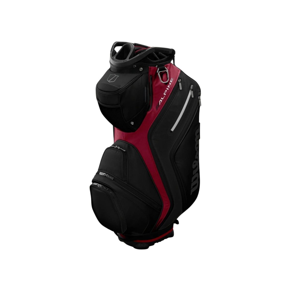 Wilson Golf Alpine cart bag with multiple zippered storage pockets, top club dividers, and integrated carry handles, displayed on a white background.