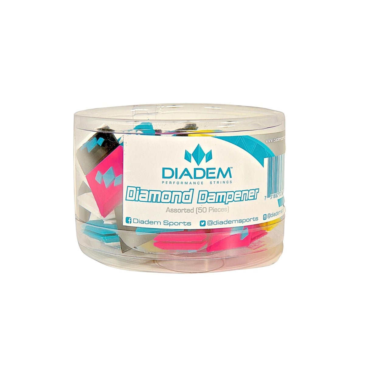Container of multiple tennis racket vibration dampeners, designed to reduce string vibration and enhance comfort during play.